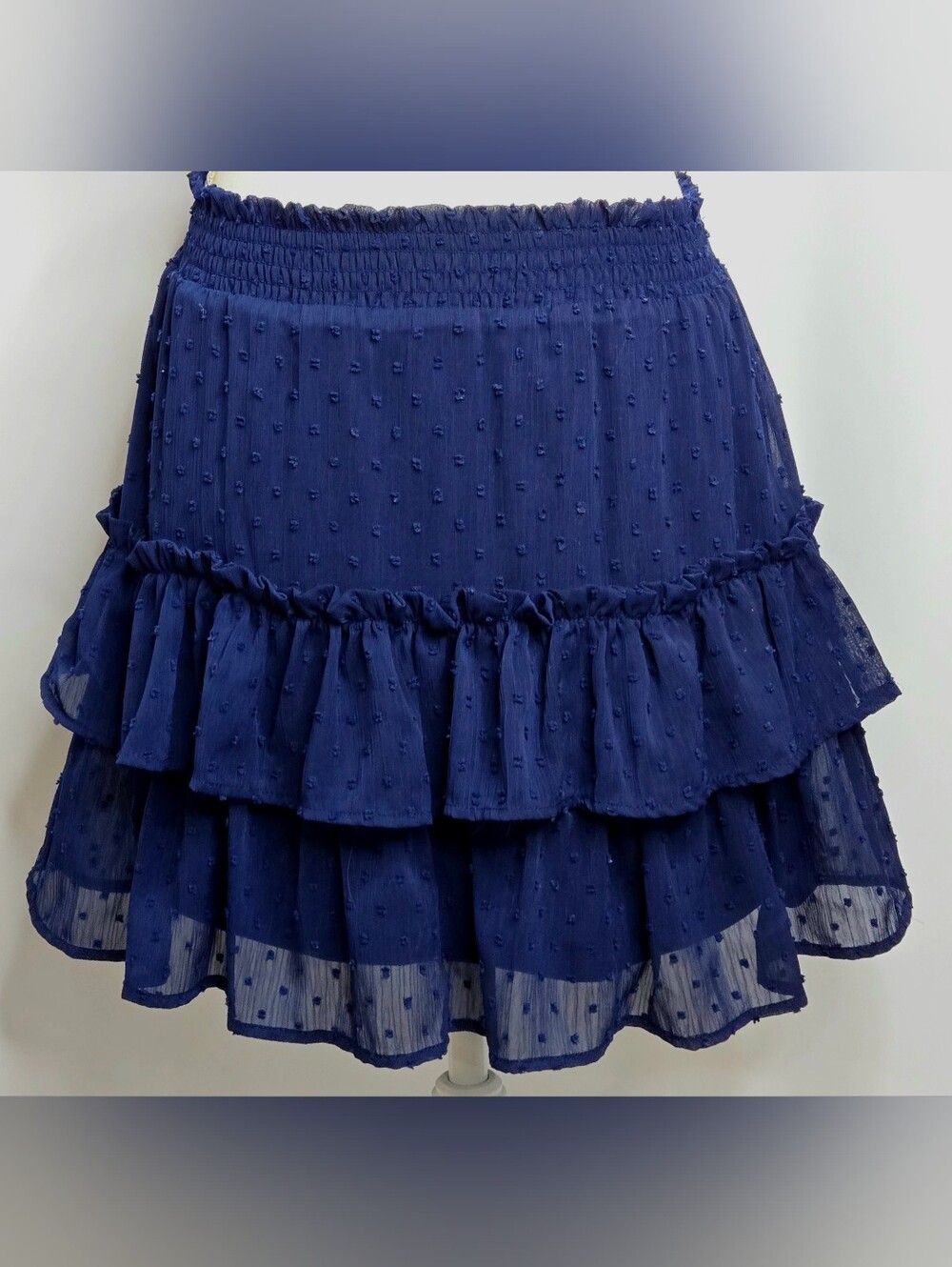 AQUA Navy Swiss Dot Tiered Ruffle Chiffon Mini Skirt NWOT Size S